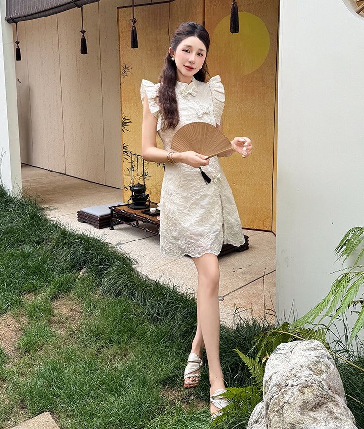 White Lace Modern Qipao Mini Dress-Two Piece Set