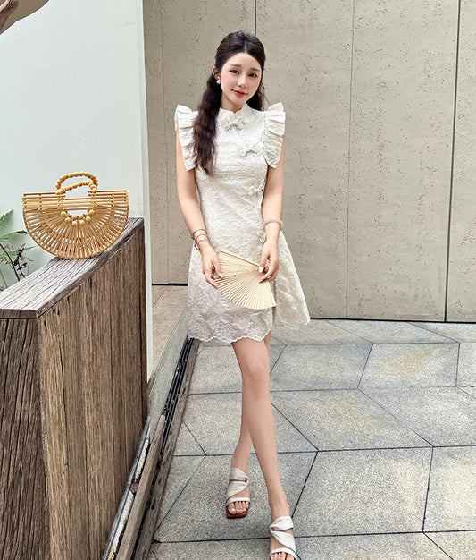 White Lace Modern Qipao Mini Dress-Two Piece Set