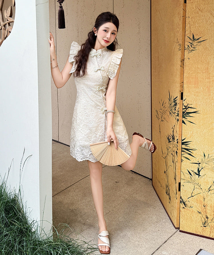 White Lace Modern Qipao Mini Dress-Two Piece Set