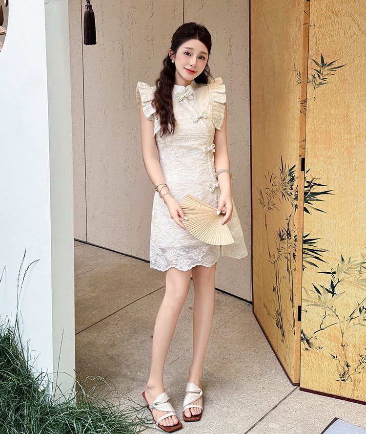 White Lace Modern Qipao Mini Dress-Two Piece Set