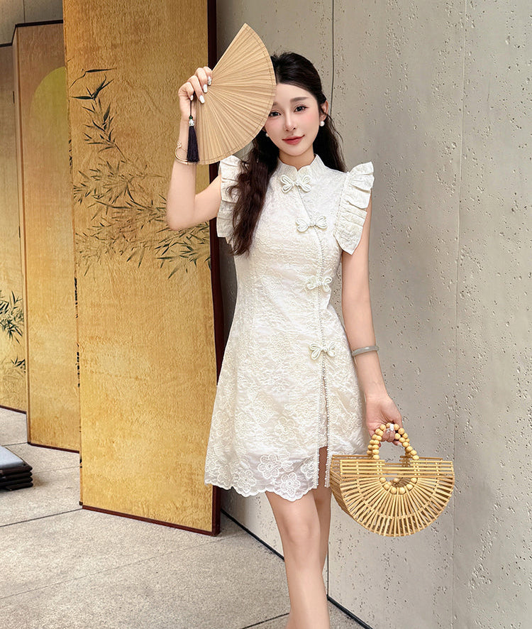 White Lace Modern Qipao Mini Dress-Two Piece Set