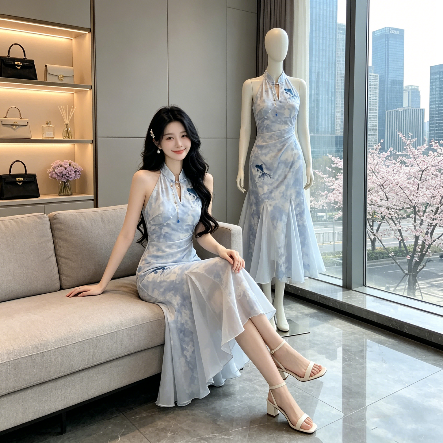 Contemporary Cheongsam Midi Dress