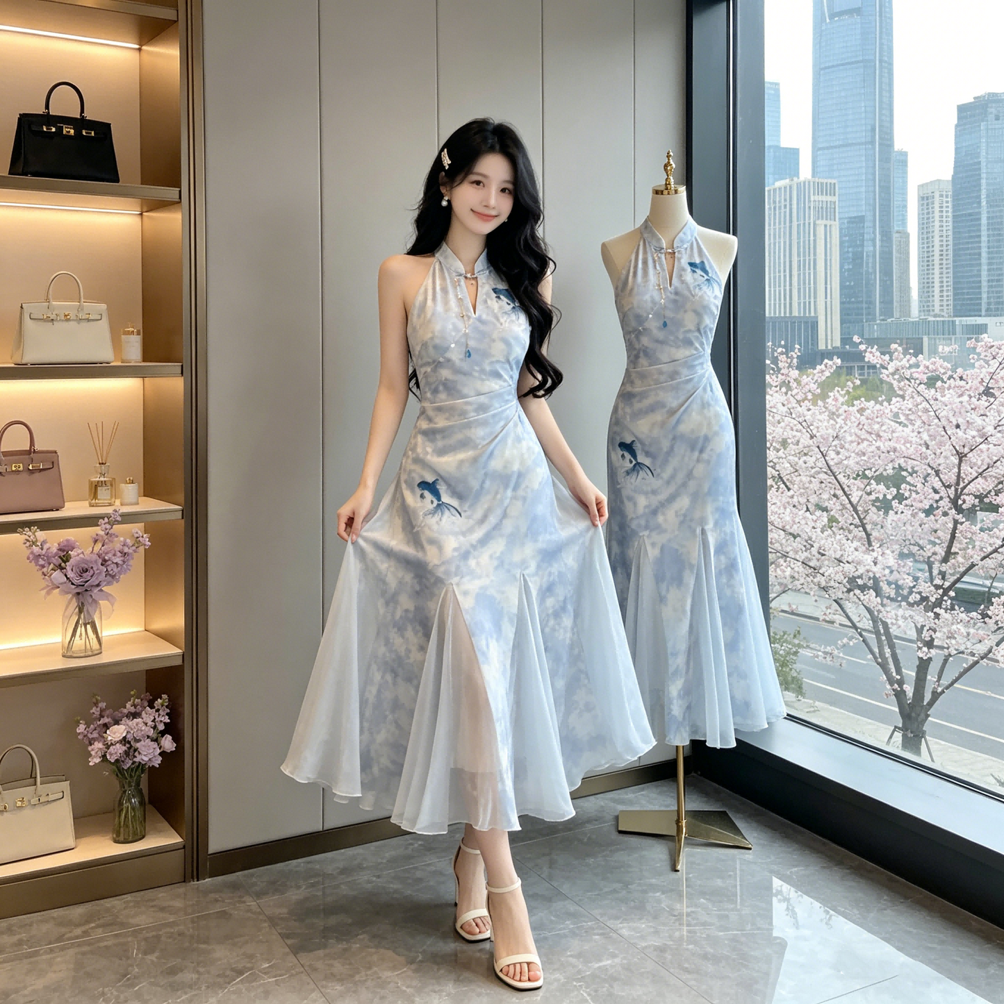 Contemporary Cheongsam Midi Dress