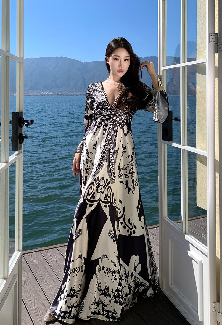 Monochrome Baroque V-Neck Silk-Finish Maxi Dress