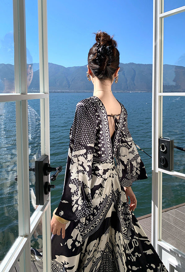 Monochrome Baroque V-Neck Silk-Finish Maxi Dress