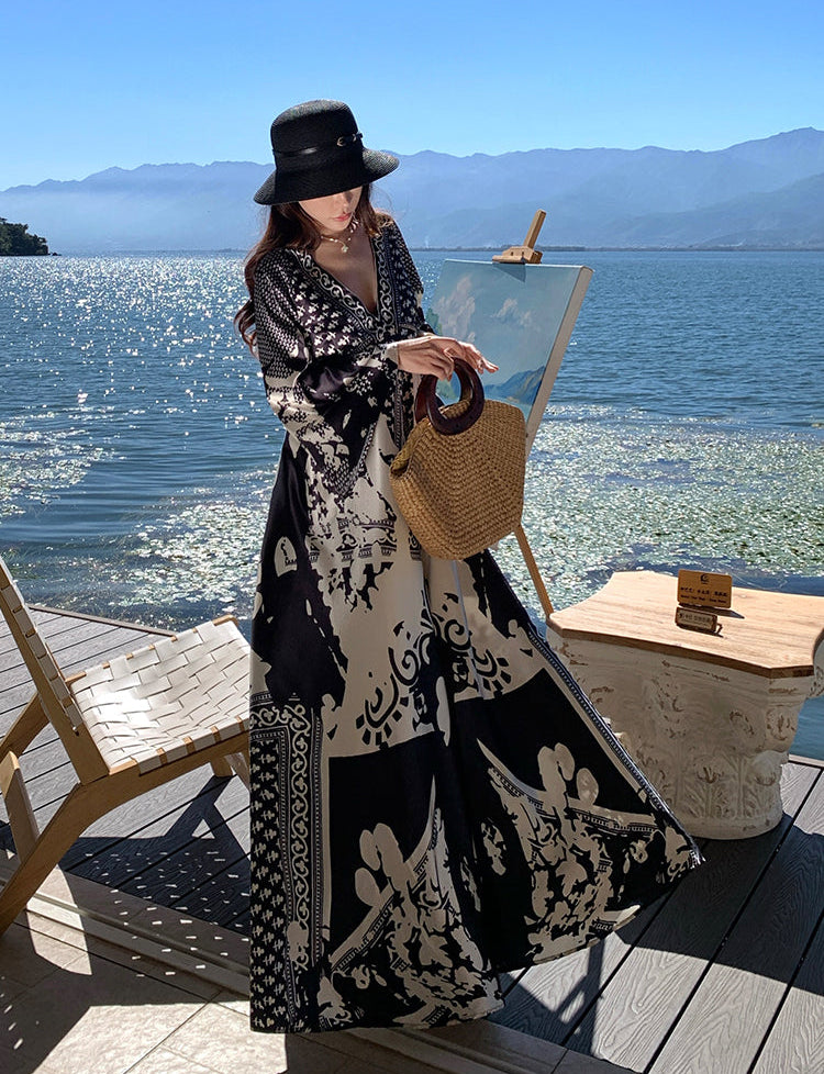 Monochrome Baroque V-Neck Silk-Finish Maxi Dress