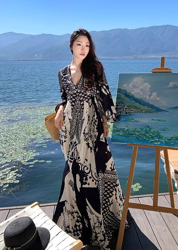 Monochrome Baroque V-Neck Silk-Finish Maxi Dress