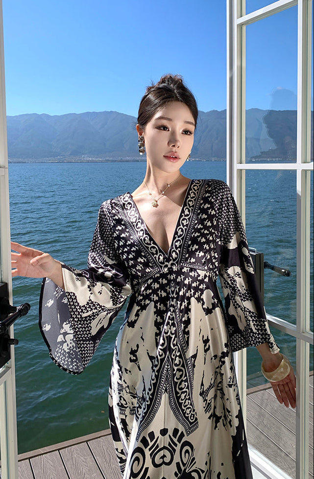 Monochrome Baroque V-Neck Silk-Finish Maxi Dress