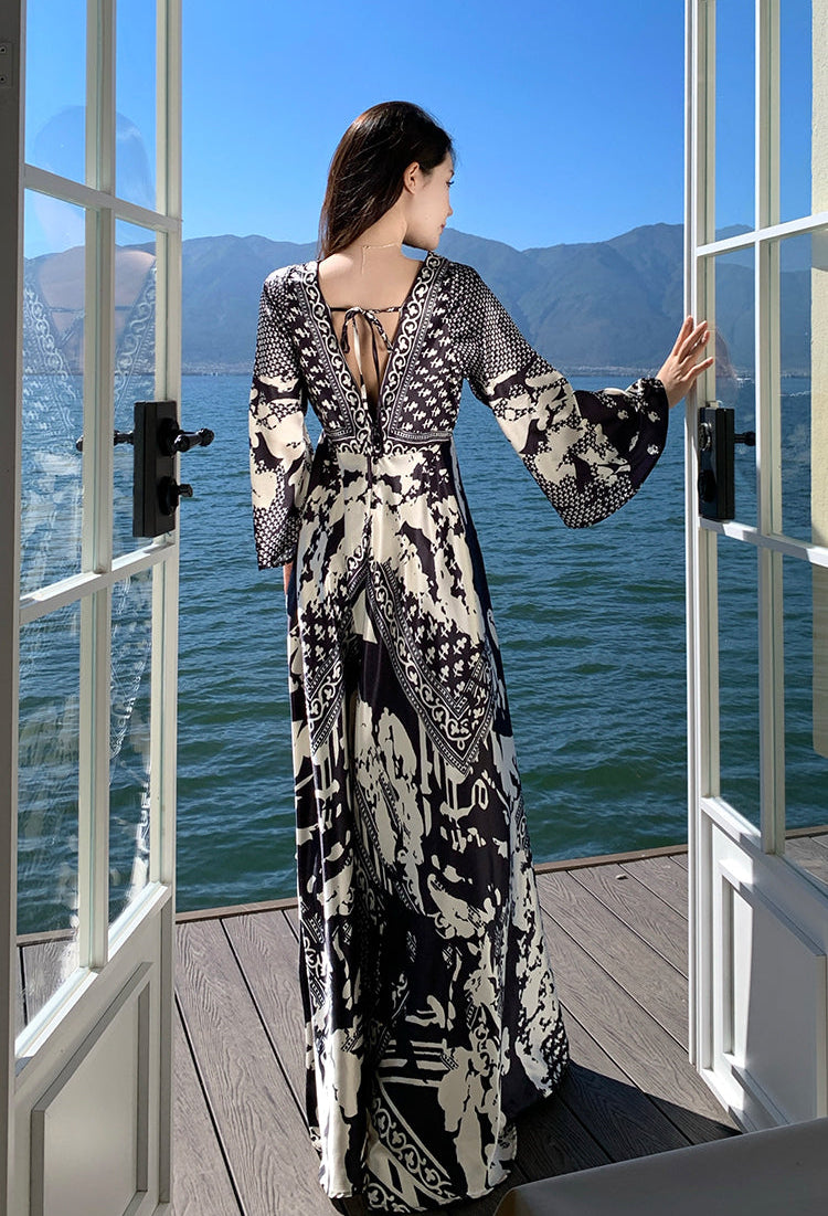Monochrome Baroque V-Neck Silk-Finish Maxi Dress