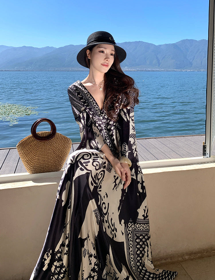 Monochrome Baroque V-Neck Silk-Finish Maxi Dress