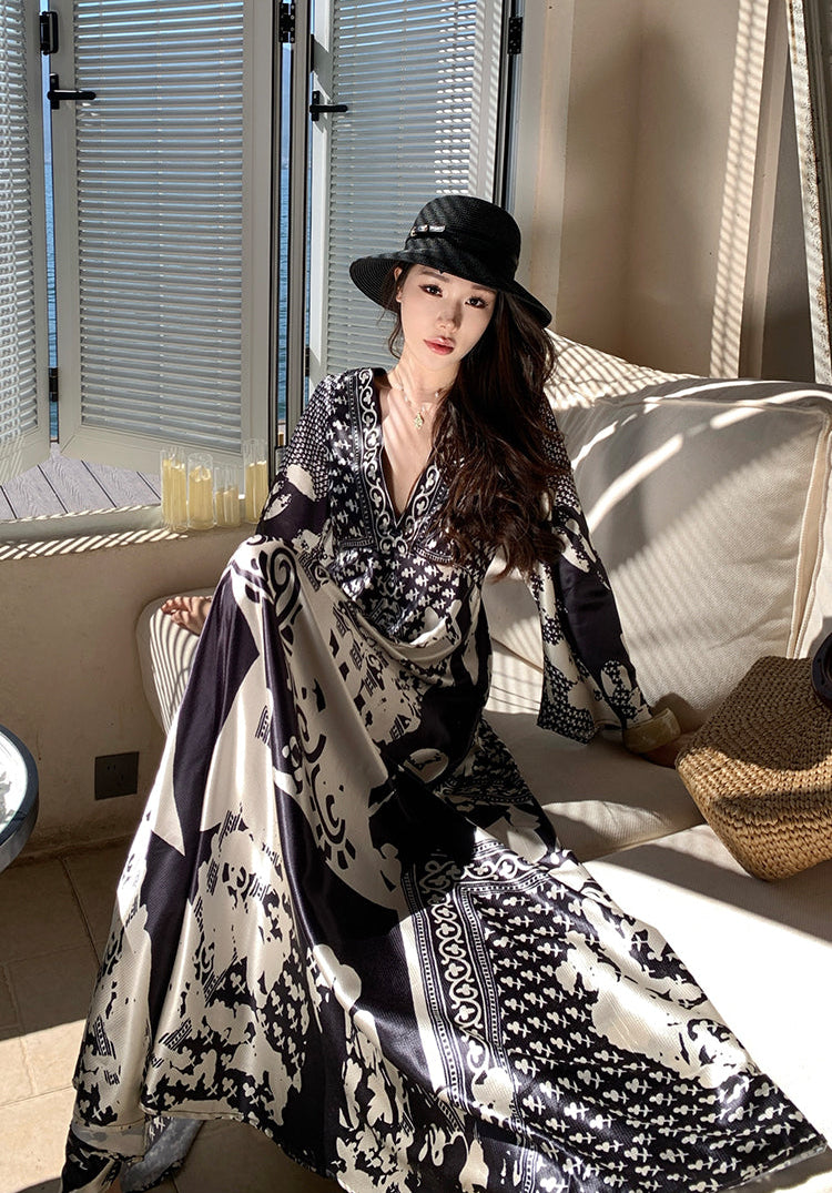 Monochrome Baroque V-Neck Silk-Finish Maxi Dress