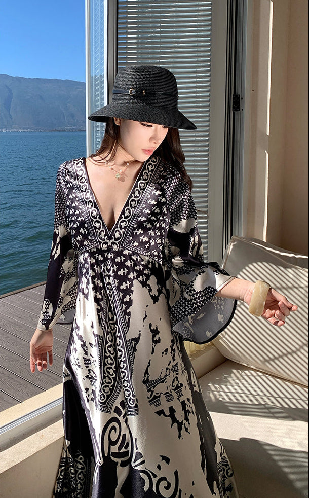 Monochrome Baroque V-Neck Silk-Finish Maxi Dress