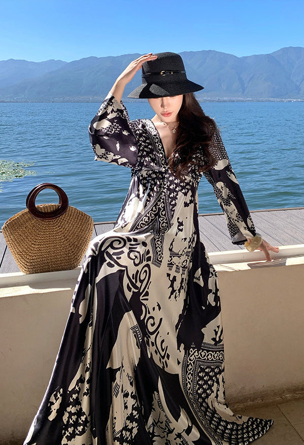 Monochrome Baroque V-Neck Silk-Finish Maxi Dress
