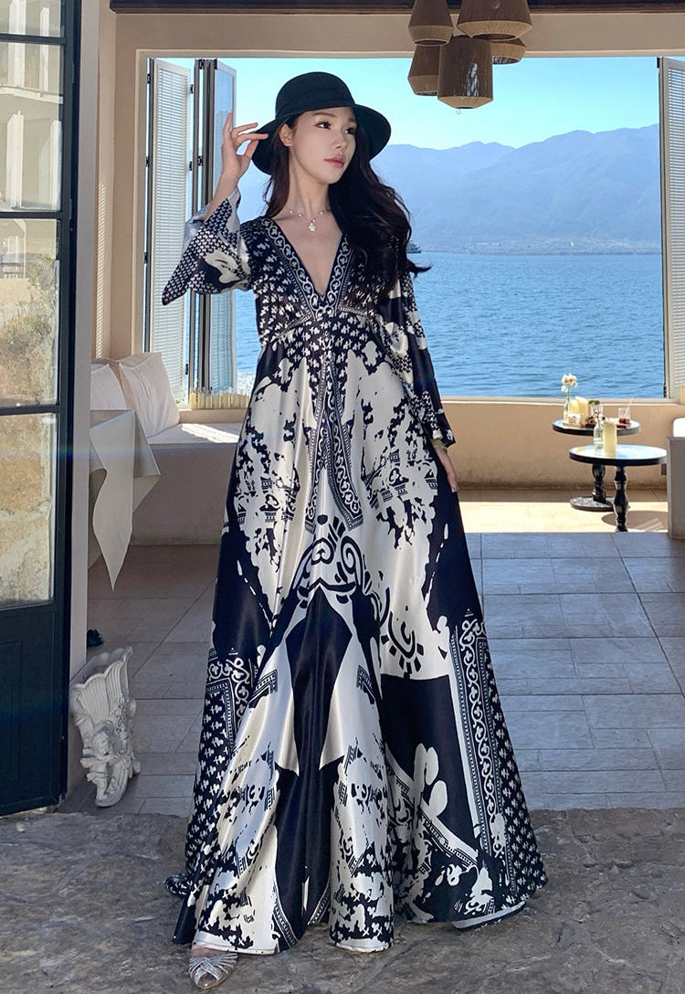 Monochrome Baroque V-Neck Silk-Finish Maxi Dress