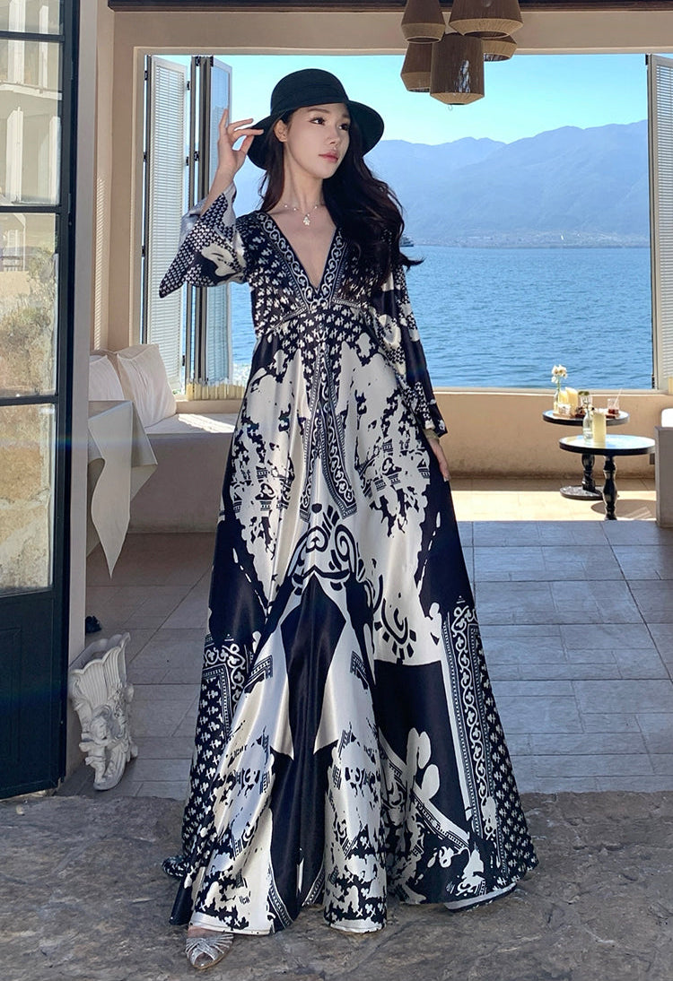 Monochrome Baroque V-Neck Silk-Finish Maxi Dress