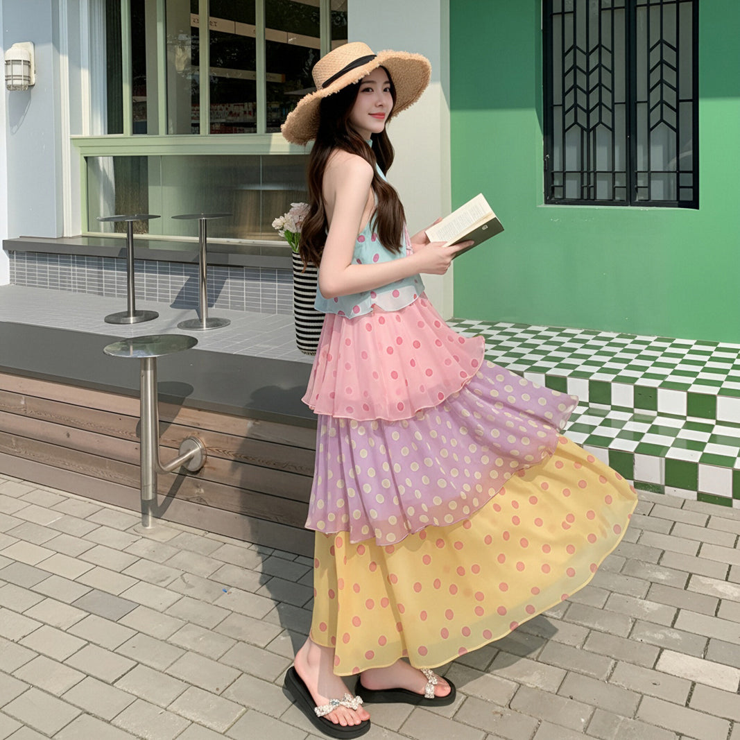 Multi-Color Colorblock Polka Dot Maxi Dress