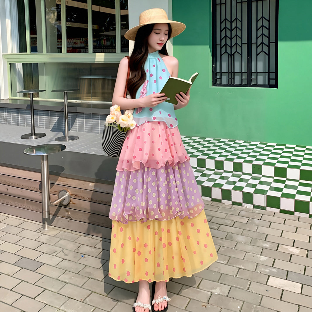Multi-Color Colorblock Polka Dot Maxi Dress