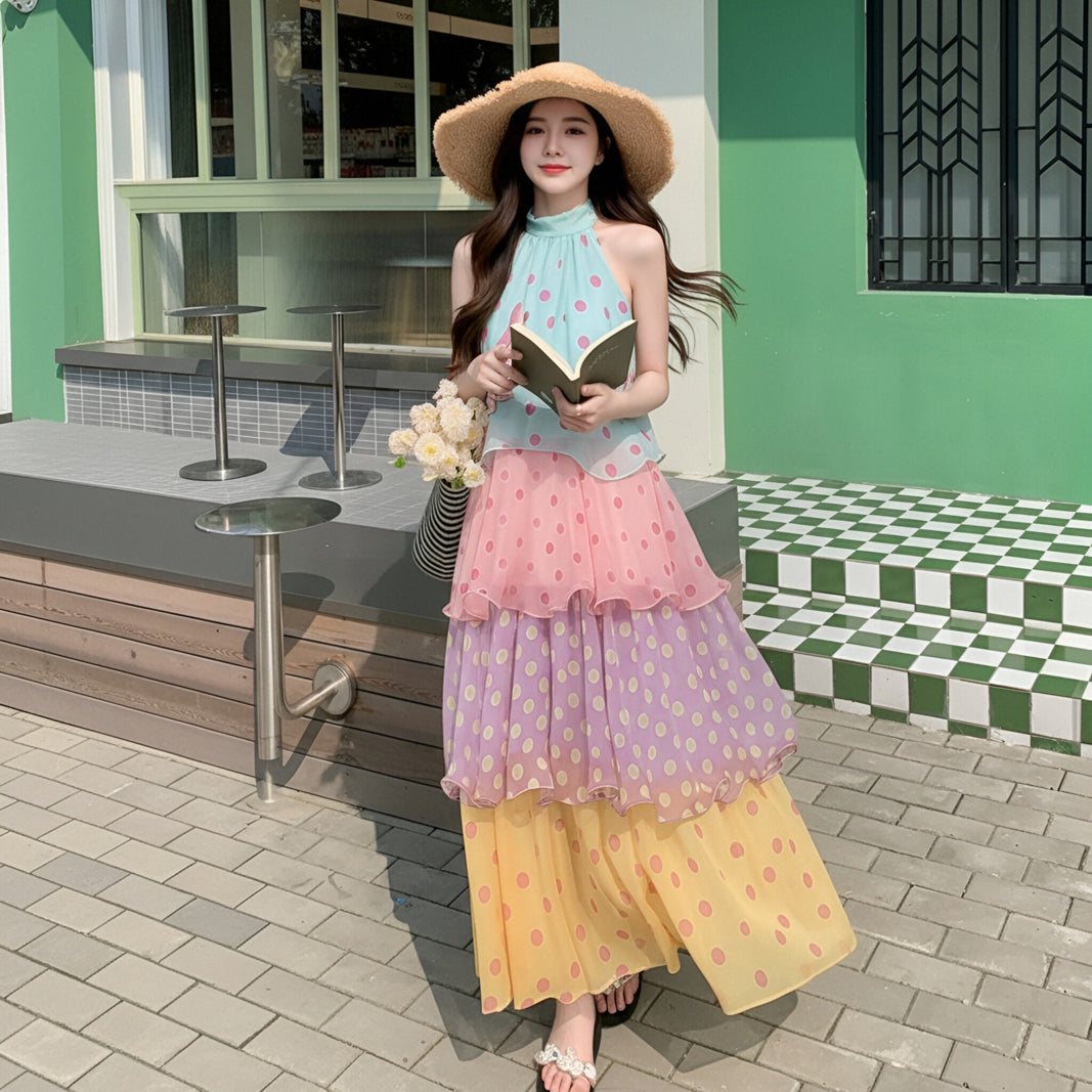 Multi-Color Colorblock Polka Dot Maxi Dress