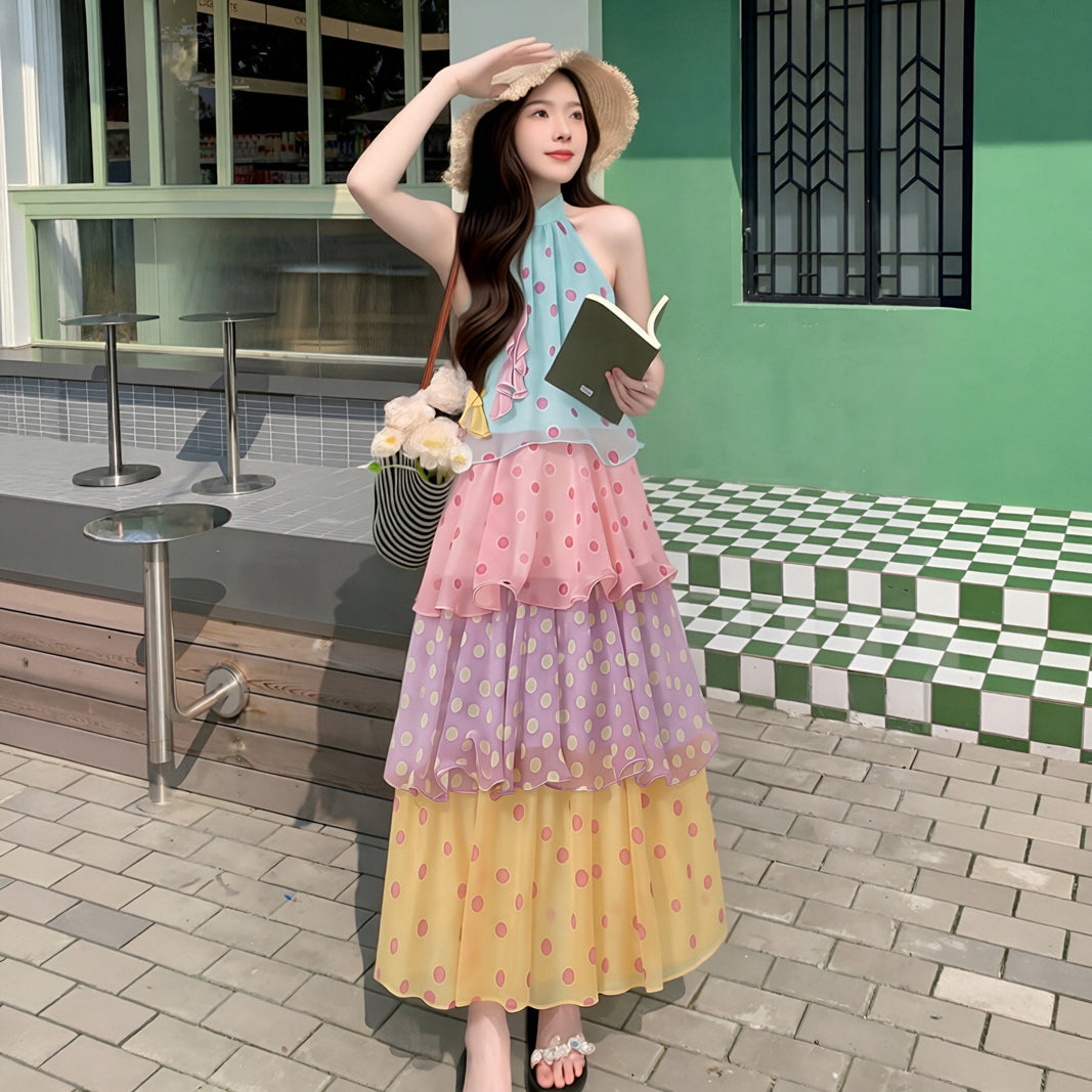 Multi-Color Colorblock Polka Dot Maxi Dress