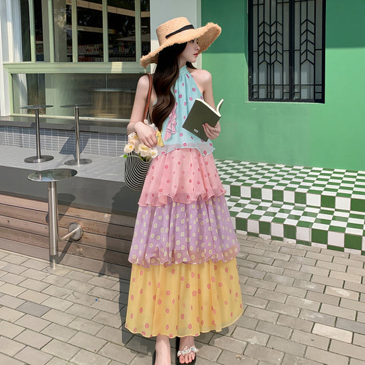Multi-Color Colorblock Polka Dot Maxi Dress