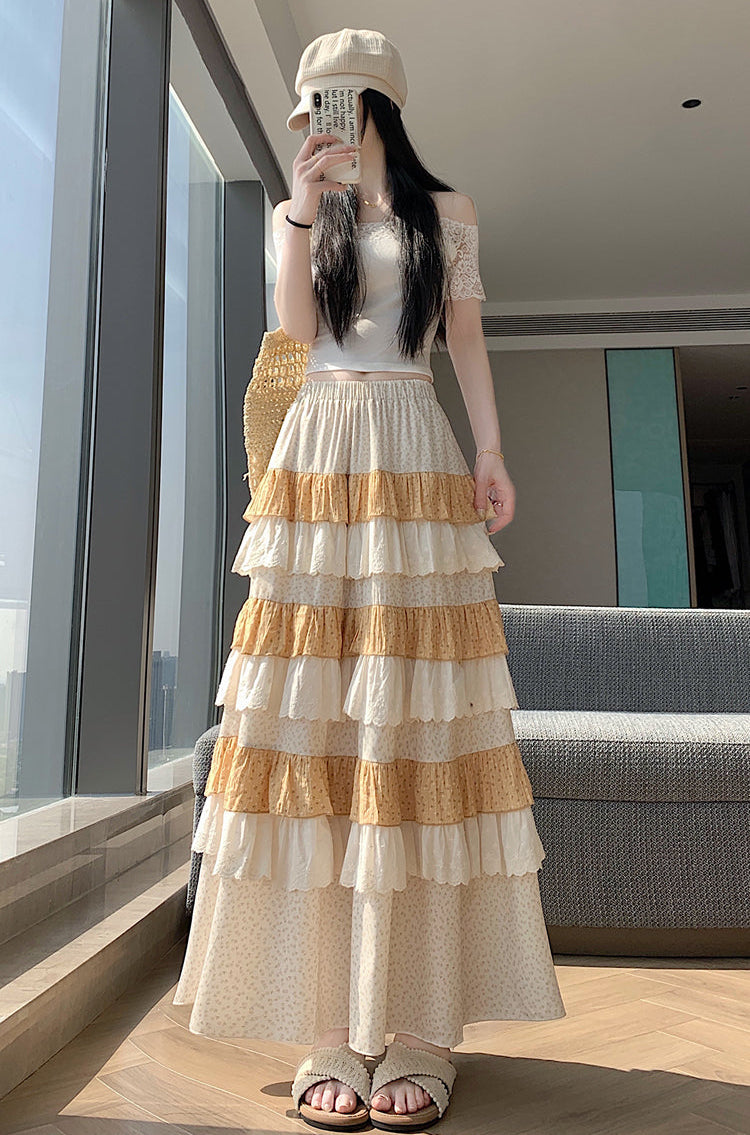 Multi-Layer Patchwork Flowy Long Skirt