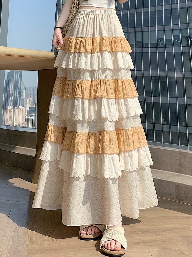 Multi-Layer Patchwork Flowy Long Skirt