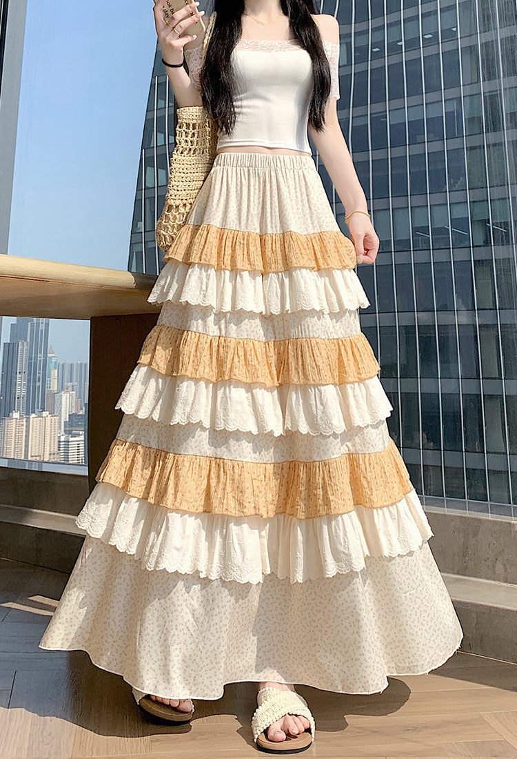 Multi-Layer Patchwork Flowy Long Skirt