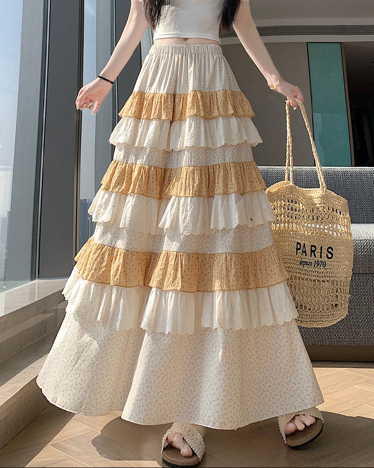 Multi-Layer Patchwork Flowy Long Skirt