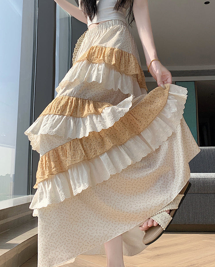 Multi-Layer Patchwork Flowy Long Skirt