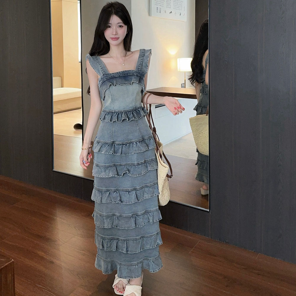 Sweetheart Tiered Denim Mermaid Dress