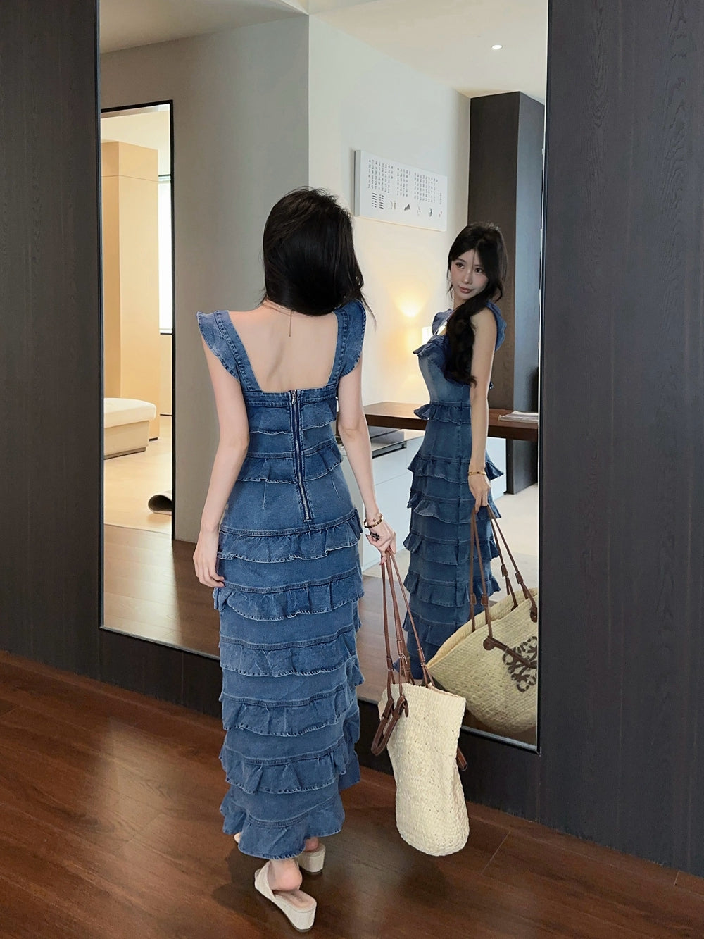 Sweetheart Tiered Denim Mermaid Dress
