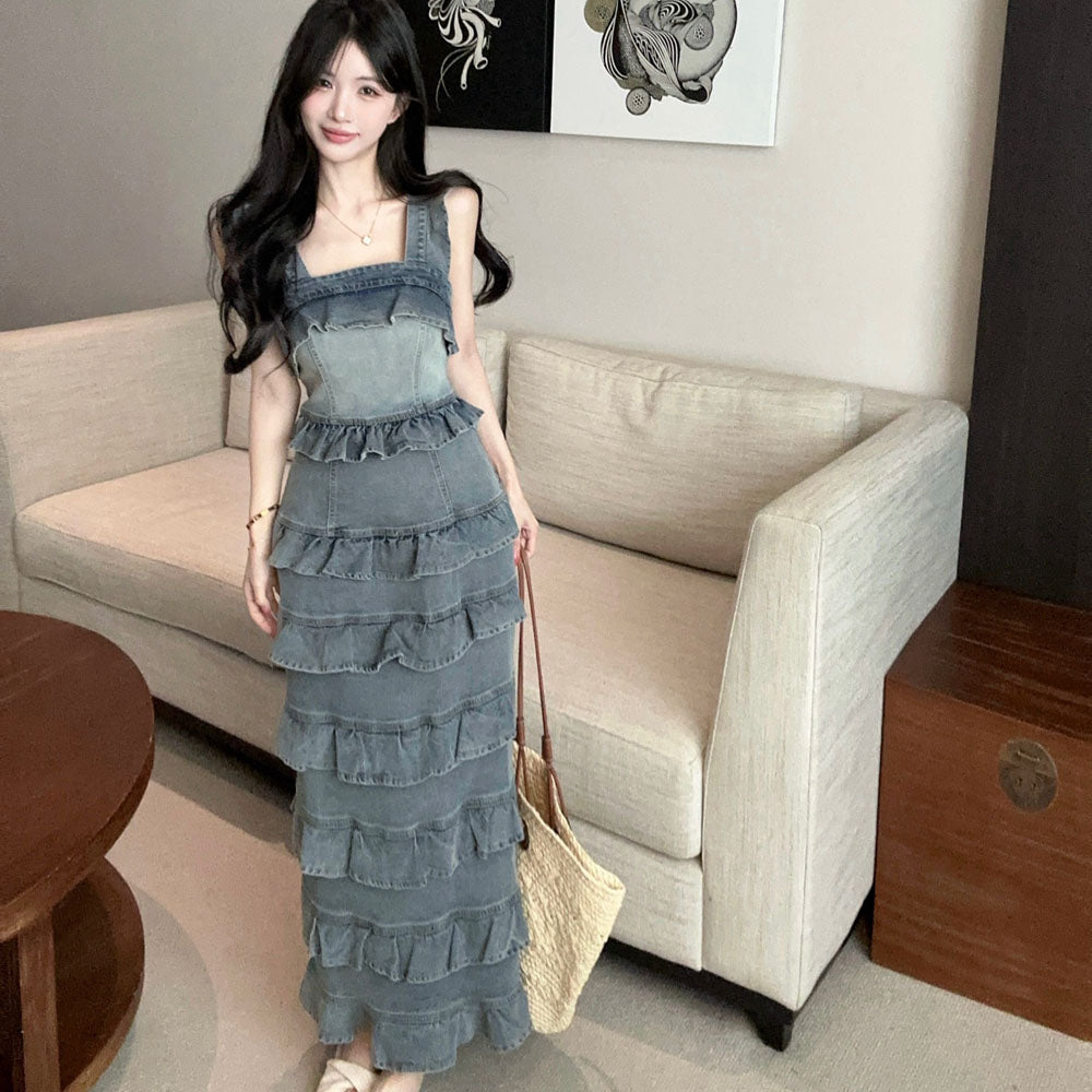 Sweetheart Tiered Denim Mermaid Dress