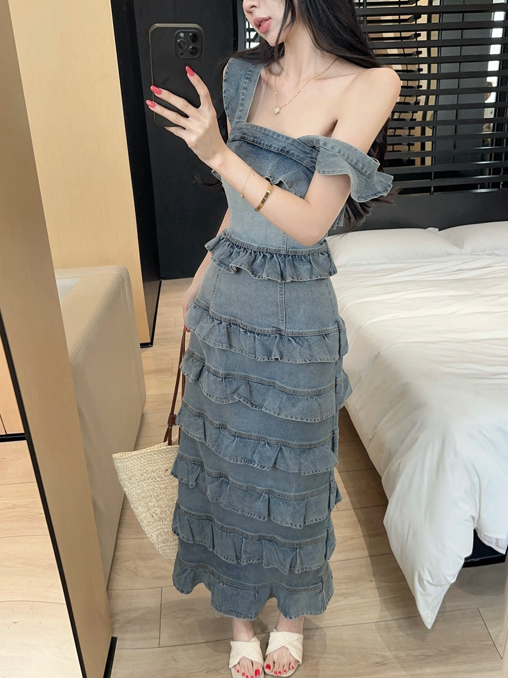 Sweetheart Tiered Denim Mermaid Dress