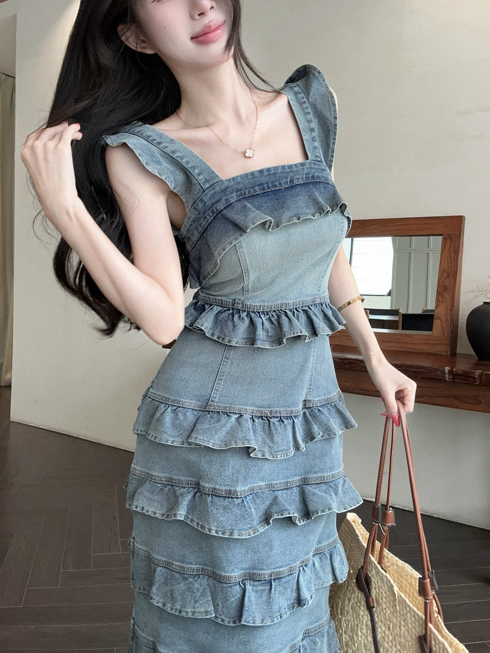 Sweetheart Tiered Denim Mermaid Dress