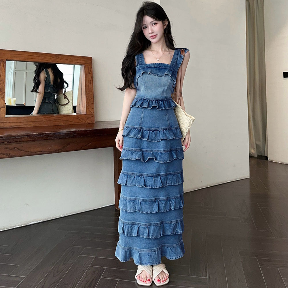 Sweetheart Tiered Denim Mermaid Dress