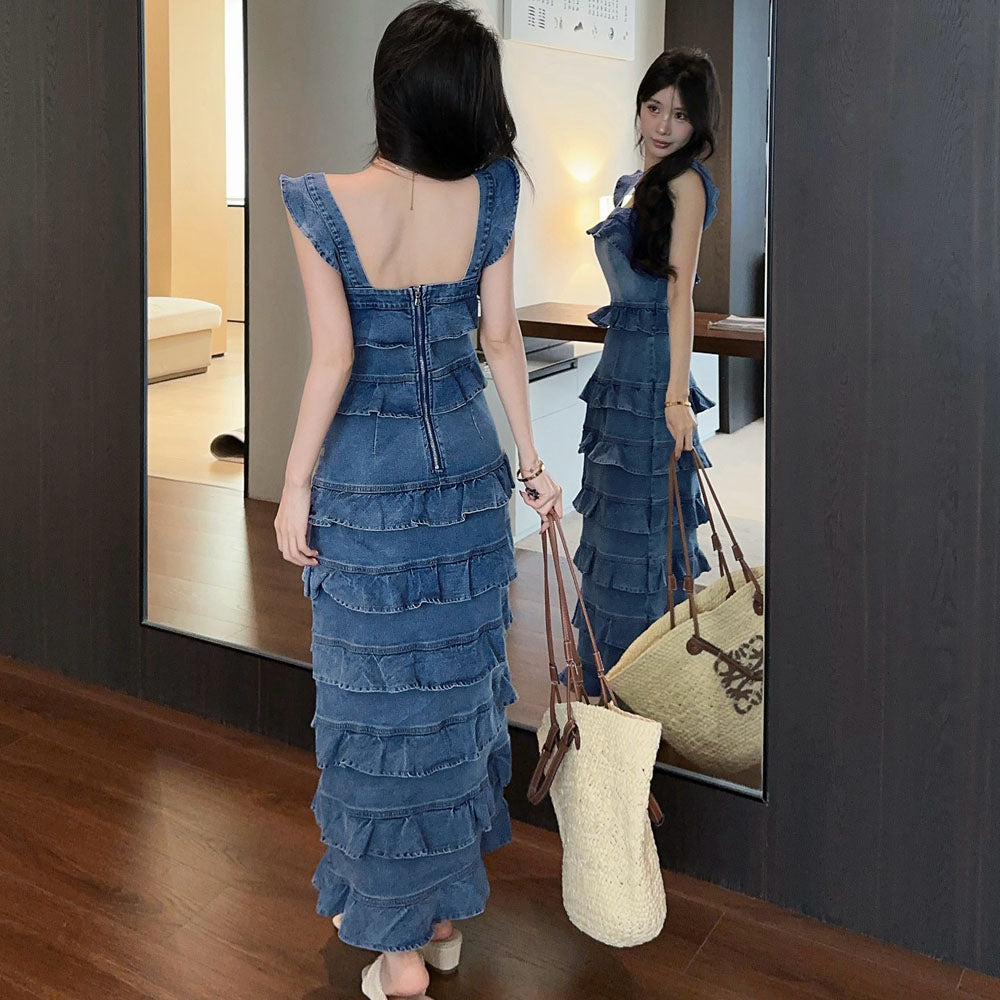 Sweetheart Tiered Denim Mermaid Dress