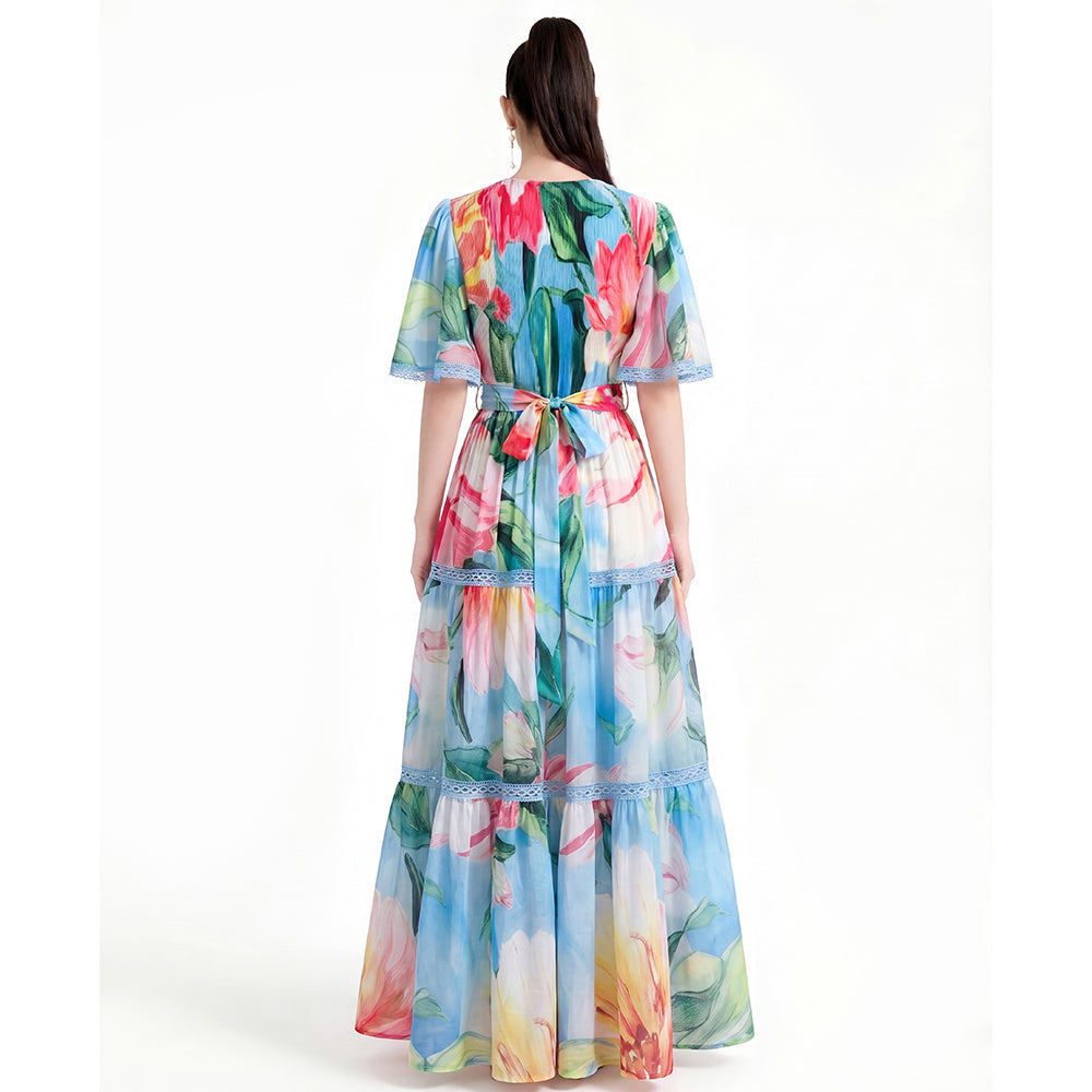 Multicolor Lotus Print Lace-Trimmed Maxi Dress