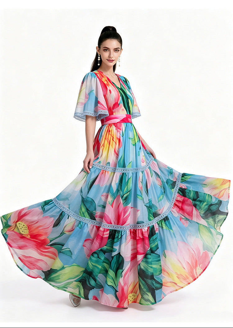 Multicolor Lotus Print Lace-Trimmed Maxi Dress
