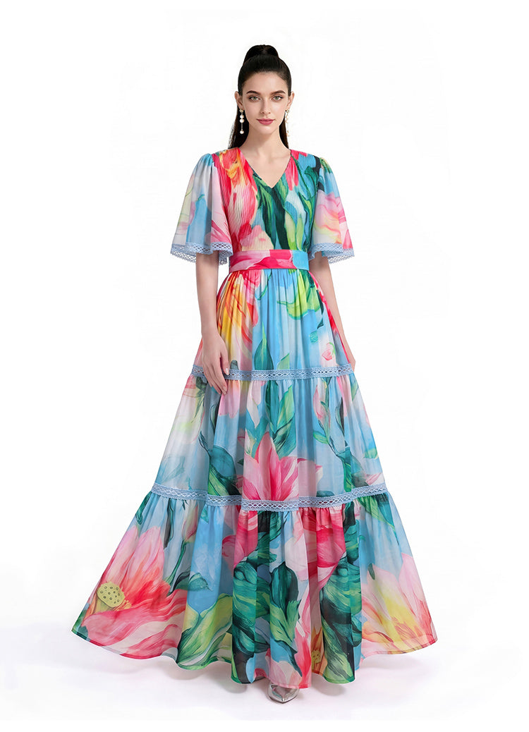 Multicolor Lotus Print Lace-Trimmed Maxi Dress