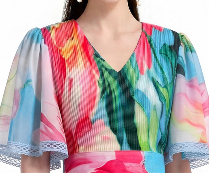 Multicolor Lotus Print Lace-Trimmed Maxi Dress