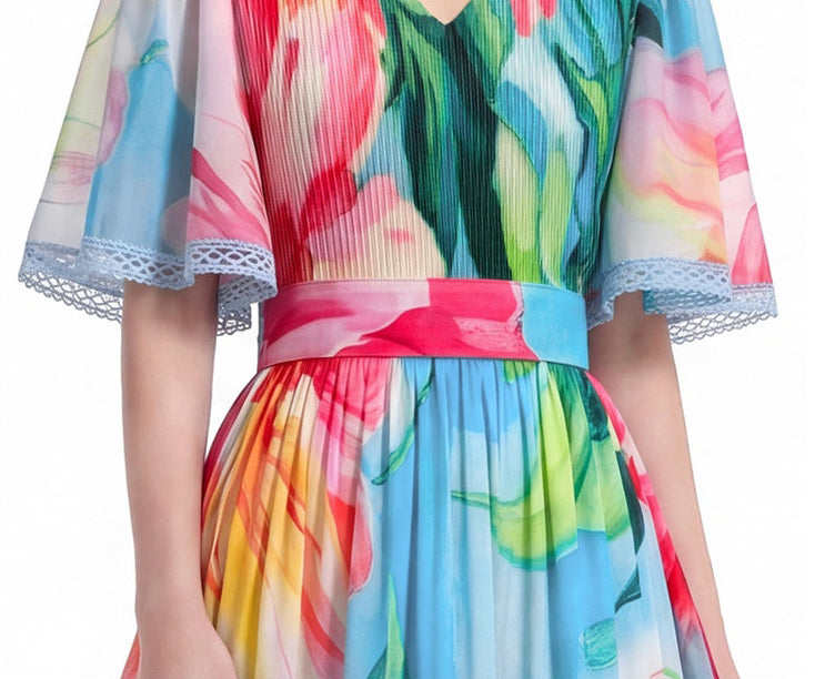 Multicolor Lotus Print Lace-Trimmed Maxi Dress