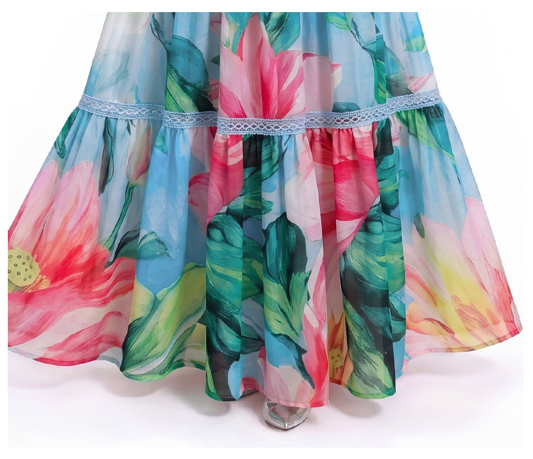 Multicolor Lotus Print Lace-Trimmed Maxi Dress