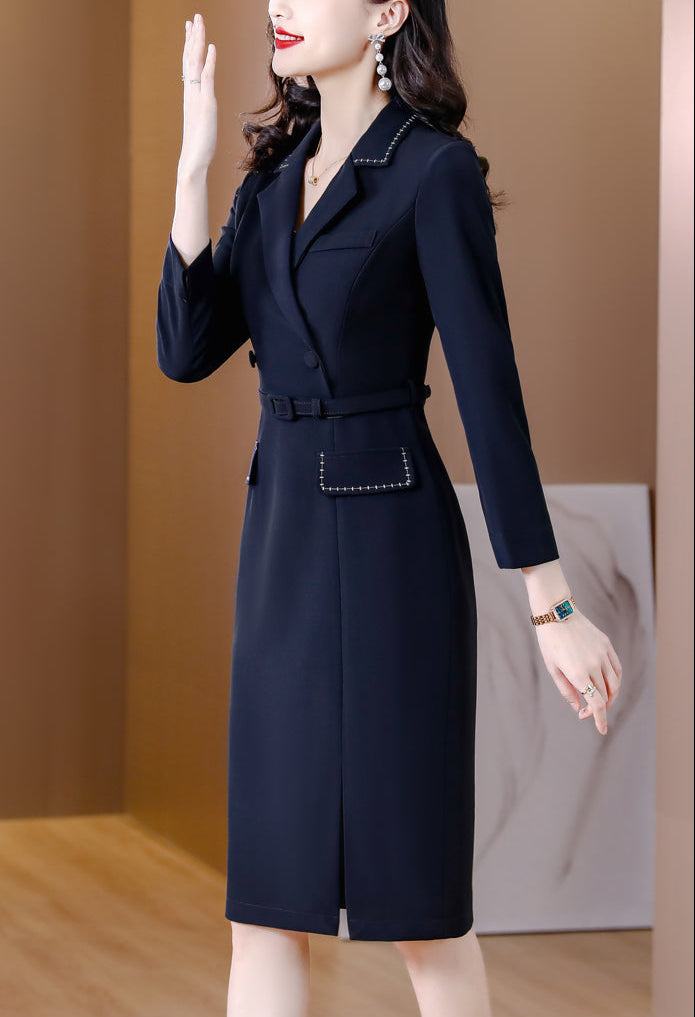 Navy Blue Contrast Stitch Belted Sheath Blazer Dress