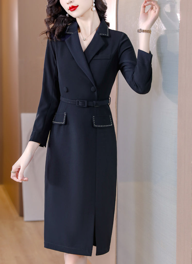 Navy Blue Contrast Stitch Belted Sheath Blazer Dress