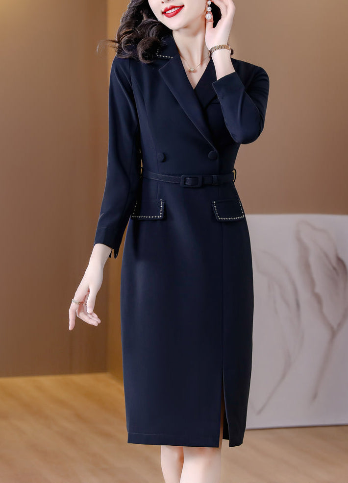 Navy Blue Contrast Stitch Belted Sheath Blazer Dress