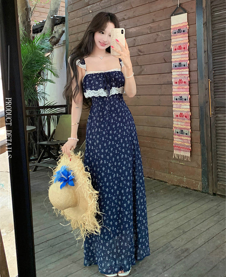 Navy Ditsy Floral Square-Neck Maxi With White Lace Overlay