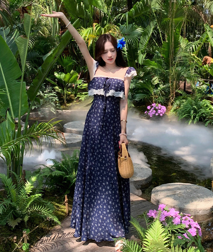Navy Ditsy Floral Square-Neck Maxi With White Lace Overlay