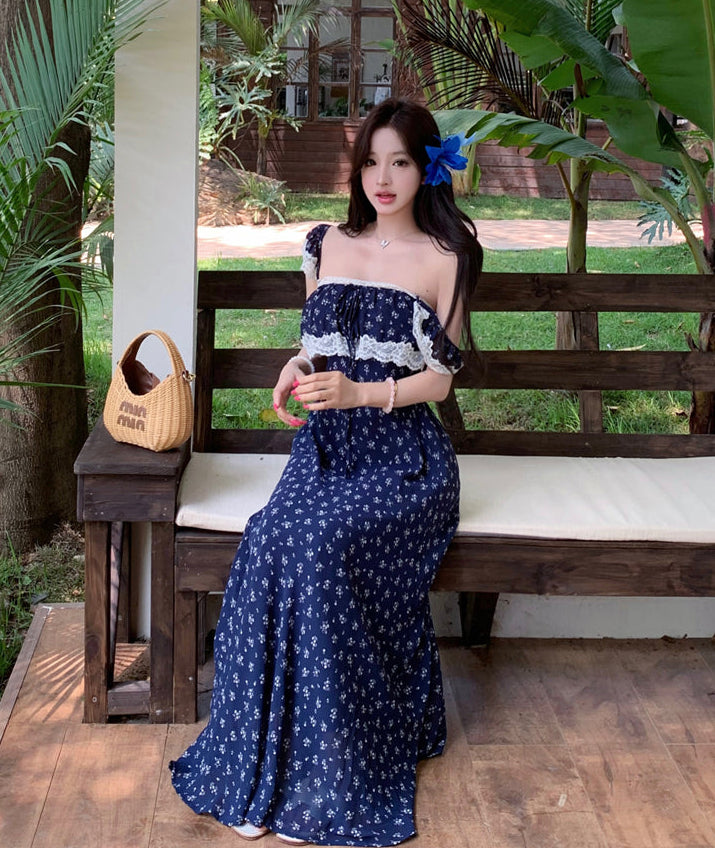 Navy Ditsy Floral Square-Neck Maxi With White Lace Overlay