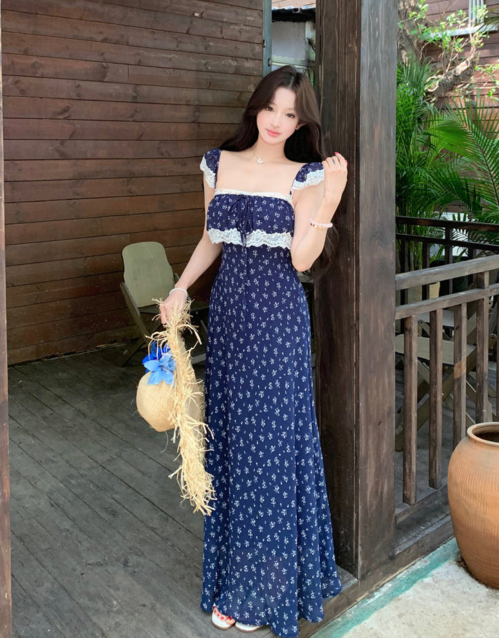 Navy Ditsy Floral Square-Neck Maxi With White Lace Overlay
