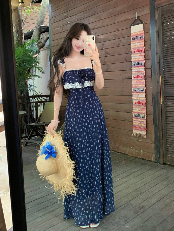 Navy Ditsy Floral Square-Neck Maxi With White Lace Overlay